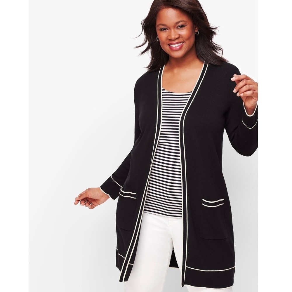 Talbots Black Tipped Open Duster Cardigan Casual Fall Minimalist Office 2X